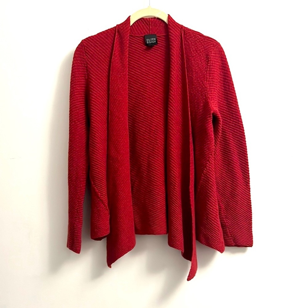 Eileen Fisher 100% Wool Open Front Long Sleeve Cardigan - Red- Size S